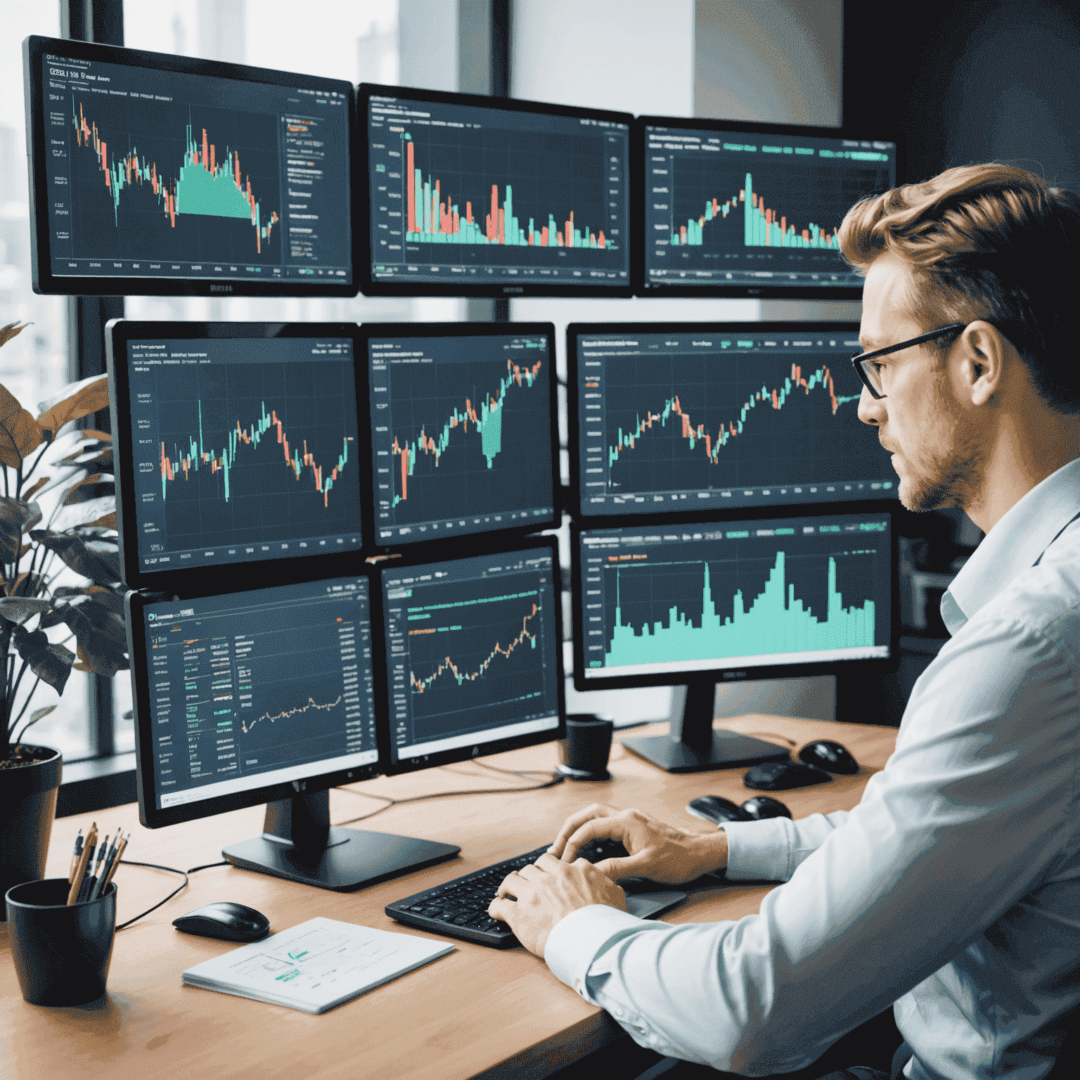A professional investor using a computer to simulate investment strategies, with multiple screens showing charts, graphs, and financial data