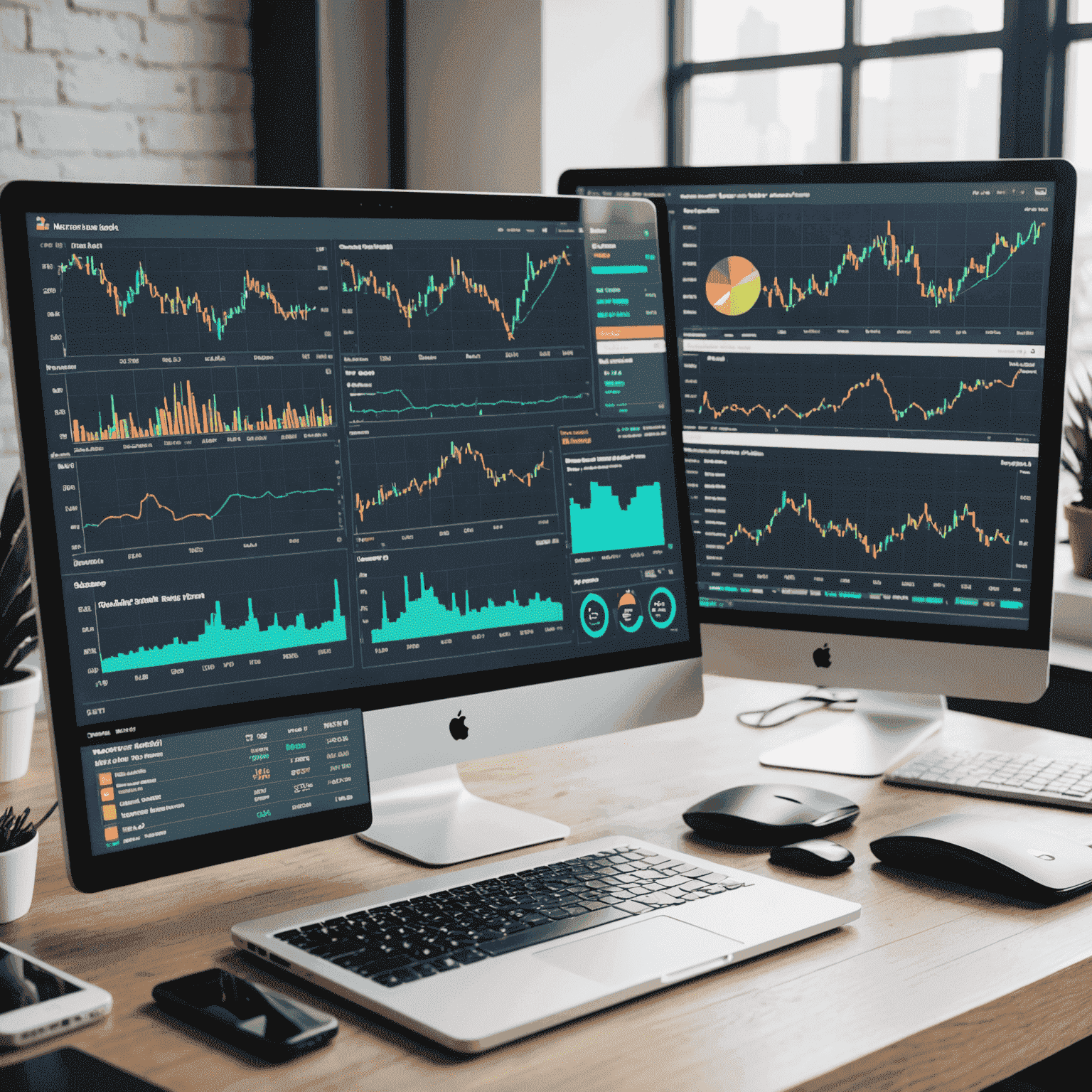 A computer screen displaying various charts, graphs, and financial data representing an investment strategy simulation. The interface shows real-time market data, customizable parameters, and performance analytics.
