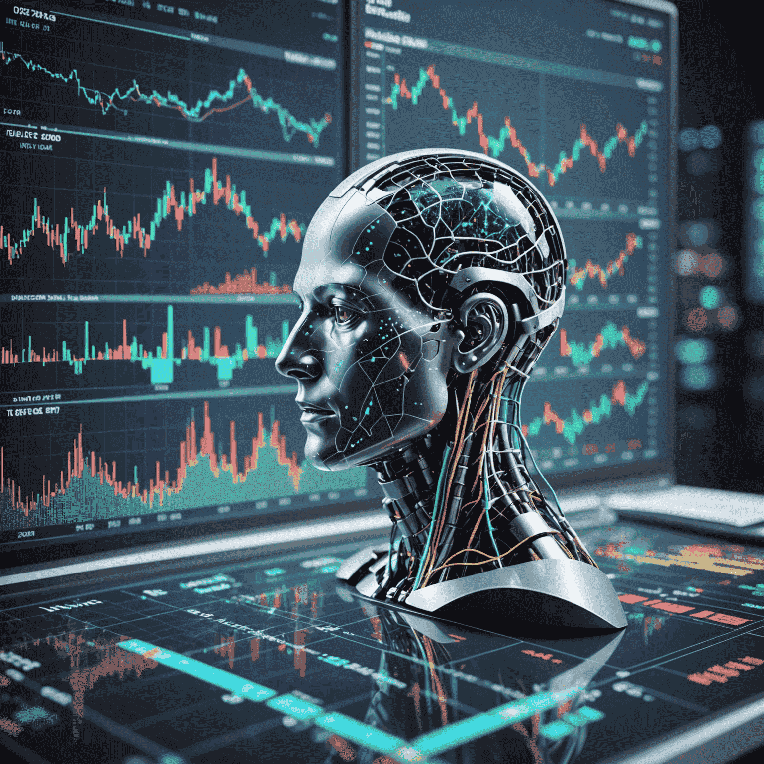 A visual representation of AI analyzing financial data, showing graphs, charts, and neural network connections overlaid on stock market data