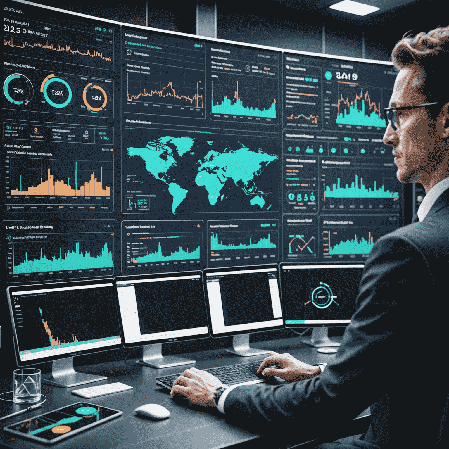 A futuristic dashboard showing AI algorithms at work, analyzing financial data. The image includes visual representations of machine learning models, sentiment analysis charts, and automated trading strategy simulations.