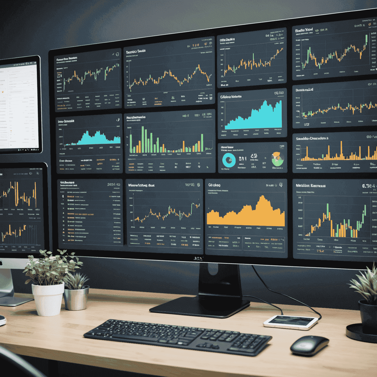A comprehensive trading dashboard with multiple screens showing various analytics tools. The image includes interactive charts, real-time data feeds, and customizable widgets for technical analysis, fundamental research, and market sentiment evaluation.